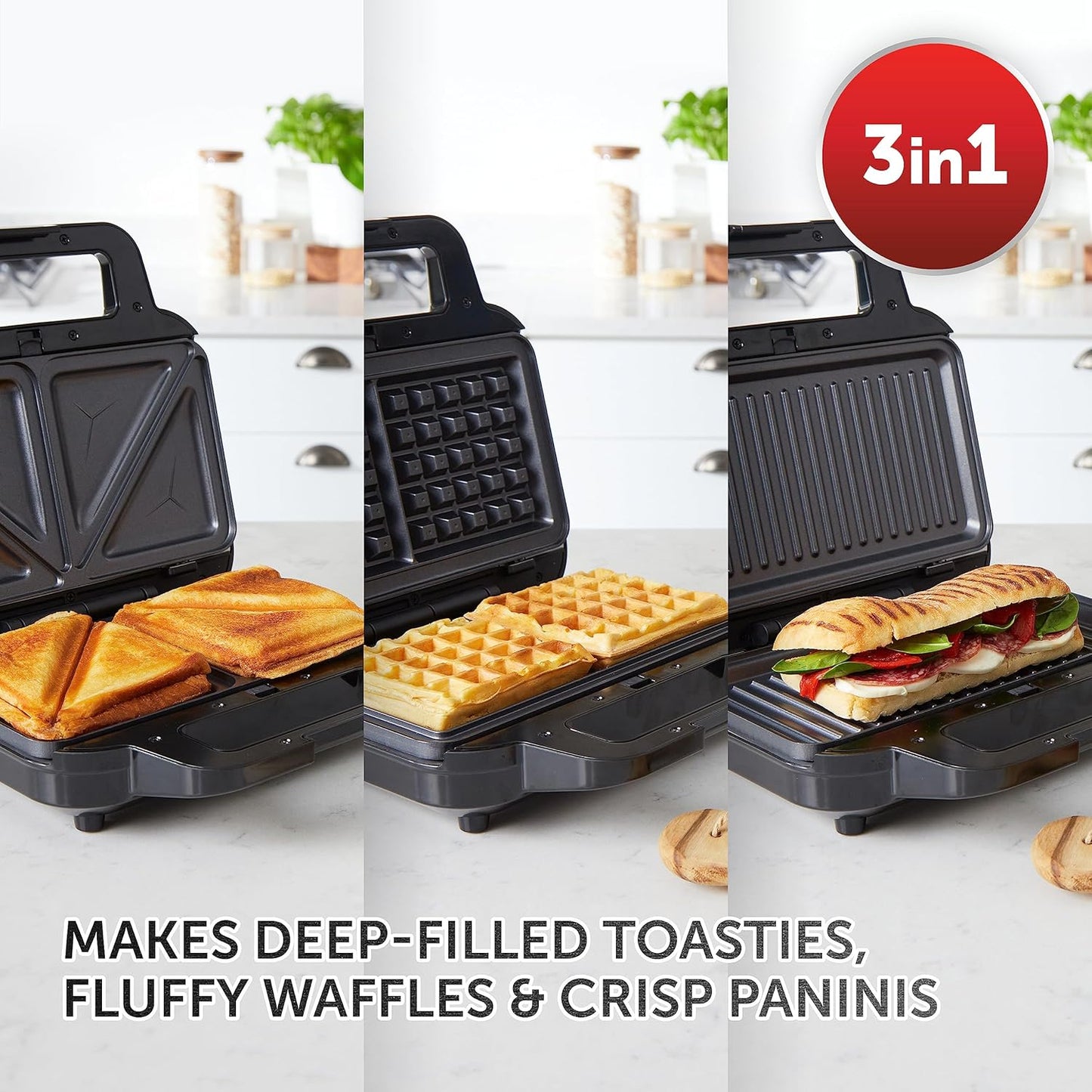 Breville 3-in-1 Ultimate Snack Maker | Deep Fill Toastie Maker, Waffle Maker & Panini Press | Removable Non-Stick Plates | Black & Stainless Steel