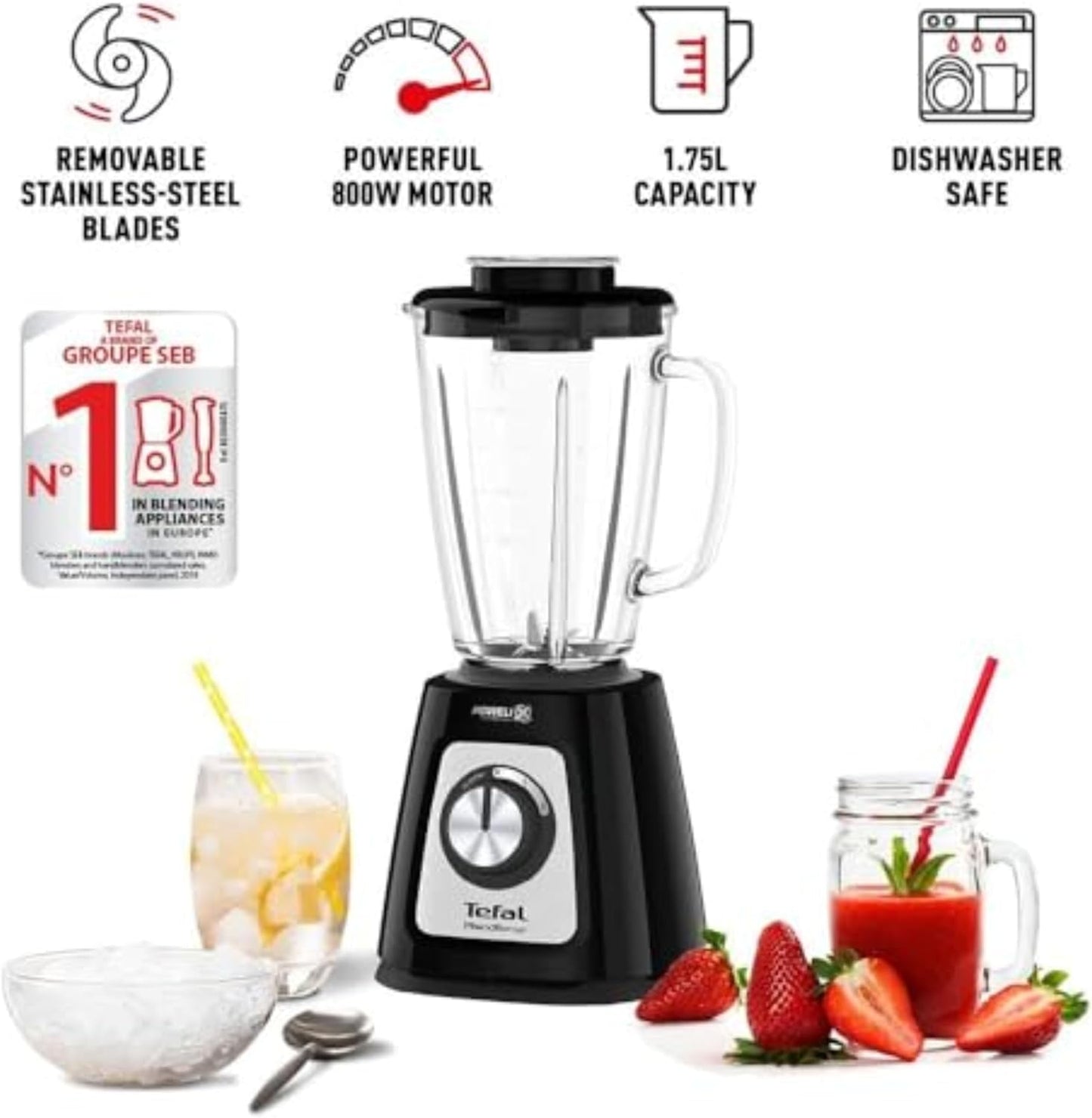 Tefal Blendforce II Blender with 2L Glass Jug and 1.25L Effective Capacity, 800W, Removable Powelix Blades, Smoothie Blender, Ice Crush, 2 Speeds Plus Pulse, Black