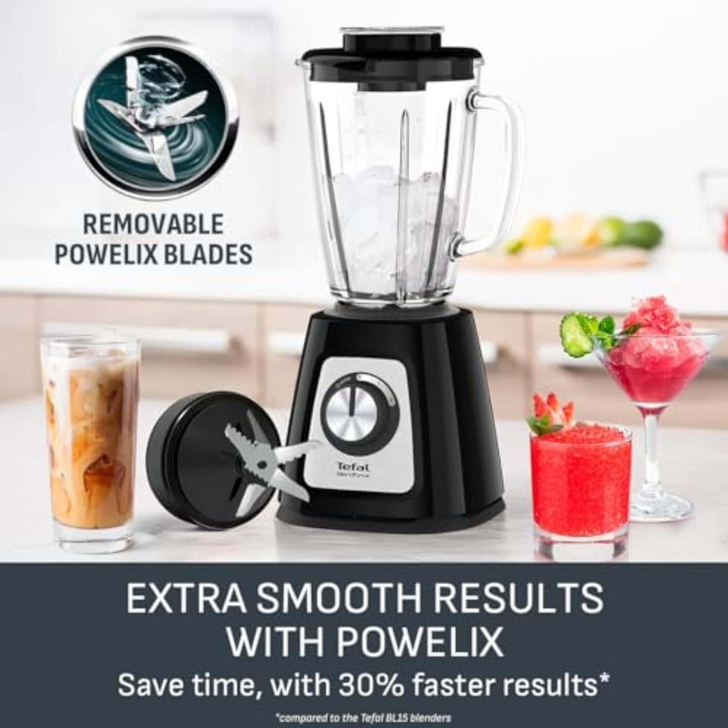 Tefal Blendforce II Blender with 2L Glass Jug and 1.25L Effective Capacity, 800W, Removable Powelix Blades, Smoothie Blender, Ice Crush, 2 Speeds Plus Pulse, Black