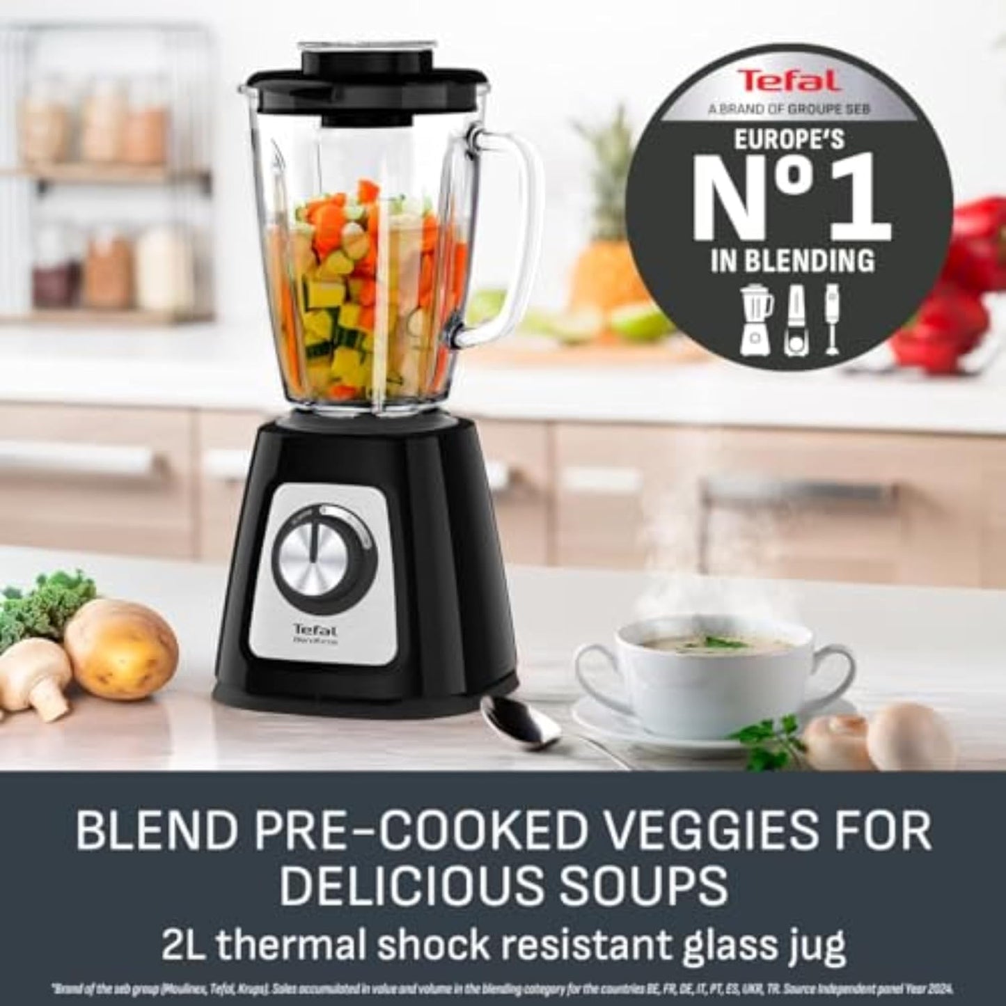 Tefal Blendforce II Blender with 2L Glass Jug and 1.25L Effective Capacity, 800W, Removable Powelix Blades, Smoothie Blender, Ice Crush, 2 Speeds Plus Pulse, Black