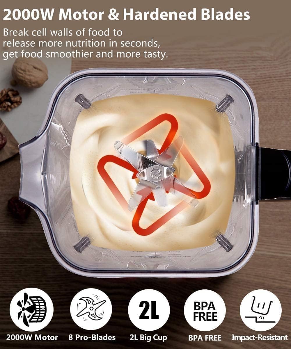 AMZCHEF Blender Smoothie Maker, 2000W Commercial Blender with 2L BPA Free Container, 25000RPM High Speed Blender with 8 Speed Control