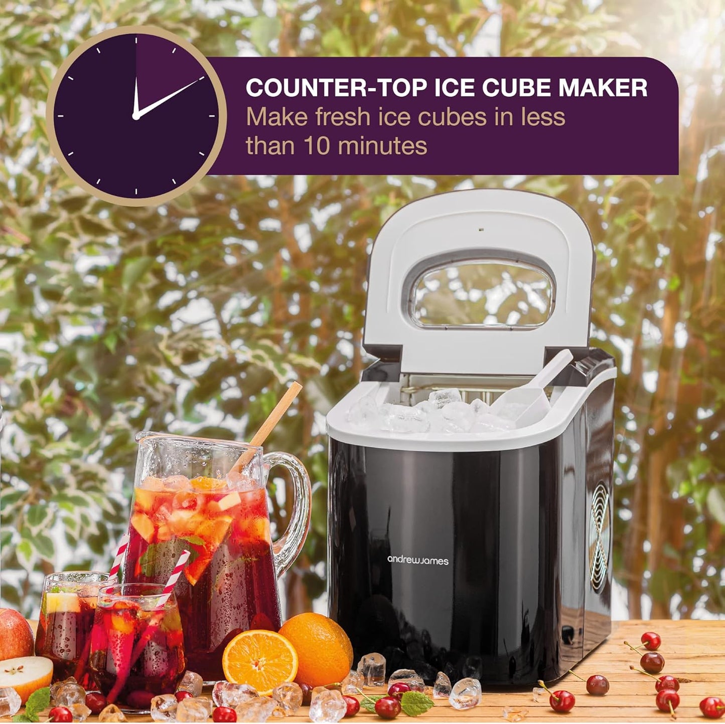 Andrew James Ice Maker Machine, 2.2L, Portable Countertop Ice Machine for Home, Electric Ice Dispenser with Scoop and Basket, Self Cleaning, Small or Large Ice Cubes