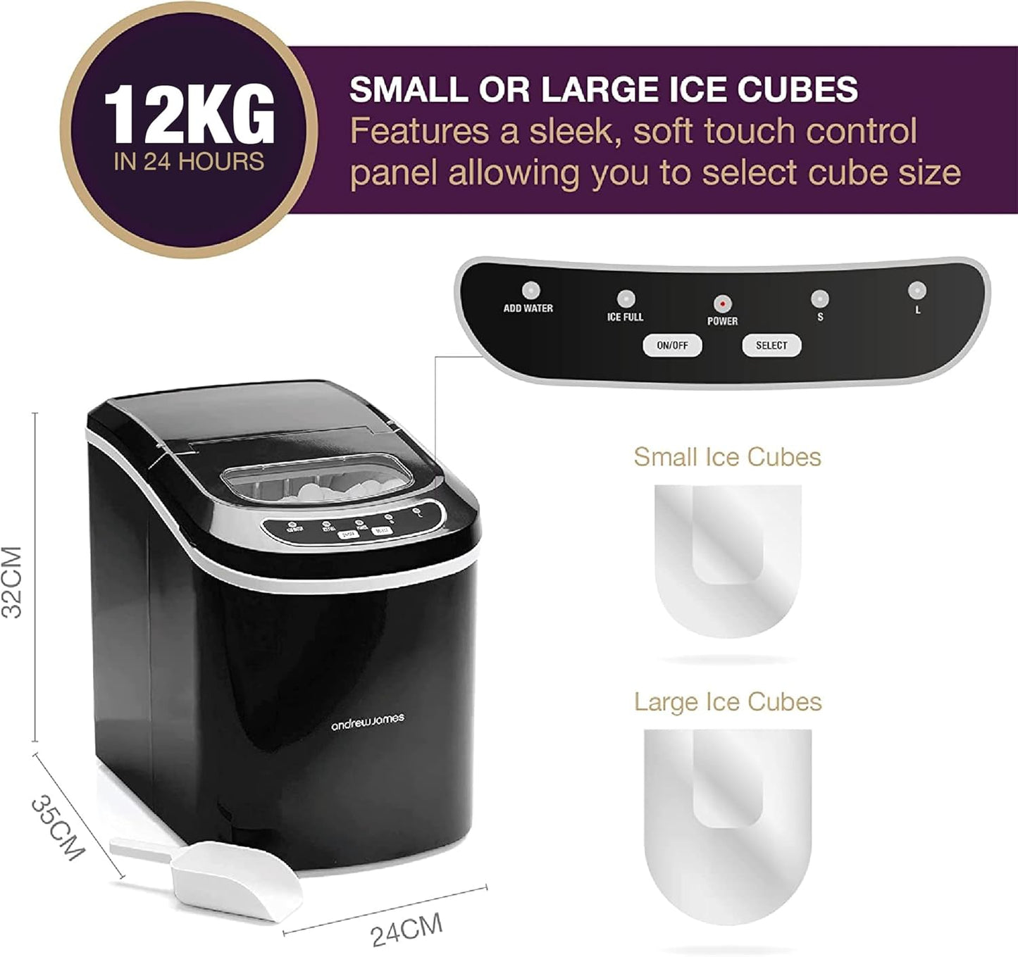 Andrew James Ice Maker Machine, 2.2L, Portable Countertop Ice Machine for Home, Electric Ice Dispenser with Scoop and Basket, Self Cleaning, Small or Large Ice Cubes