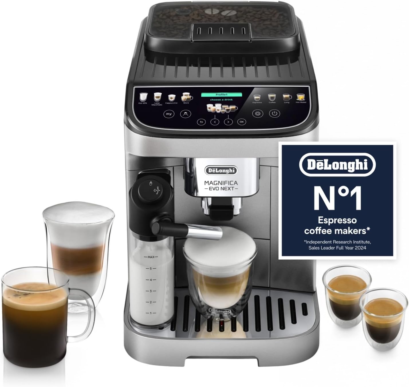 De'Longhi Magnifica Evo Next Perfetto Automatic Coffee Machine with LatteCrema Automatic Milk Frothing, 13 One Touch Drinks