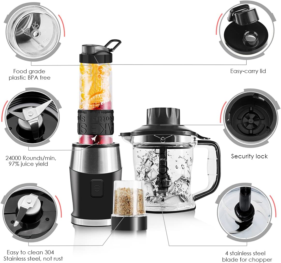 Blender Smoothie Maker, 700W Blender, Portable Food Chopper and Grinder, 570ml BPA Free Bottle, 300ml Grinder Cup, 1200ml Jug