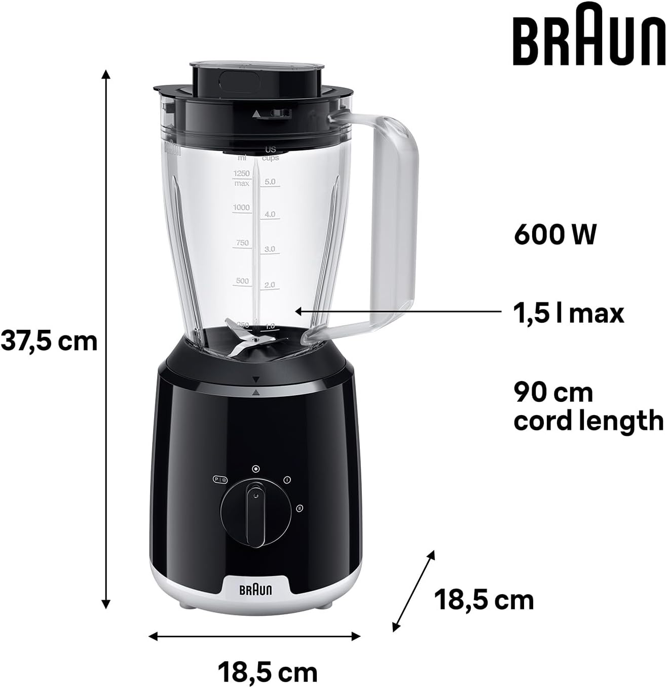 Braun PowerBlend 1 Jug Blender with Unique Triangular Glass Jug, 2 Speed, Ice Crush Function, Smoothie2Go Bottle Included, 600W, Black (JB1051BK)