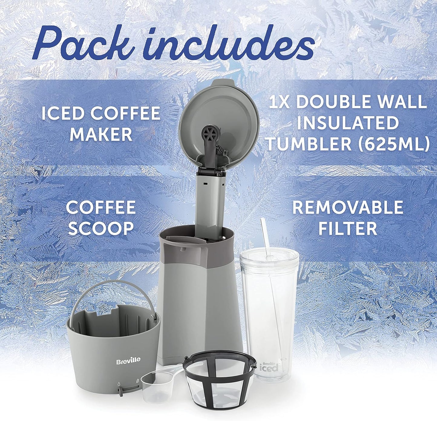 Breville Iced Coffee Maker | Single Serve Iced Coffee Machine Plus Coffee Cup with Straw | Ready in Under 4 Minutes | Grey