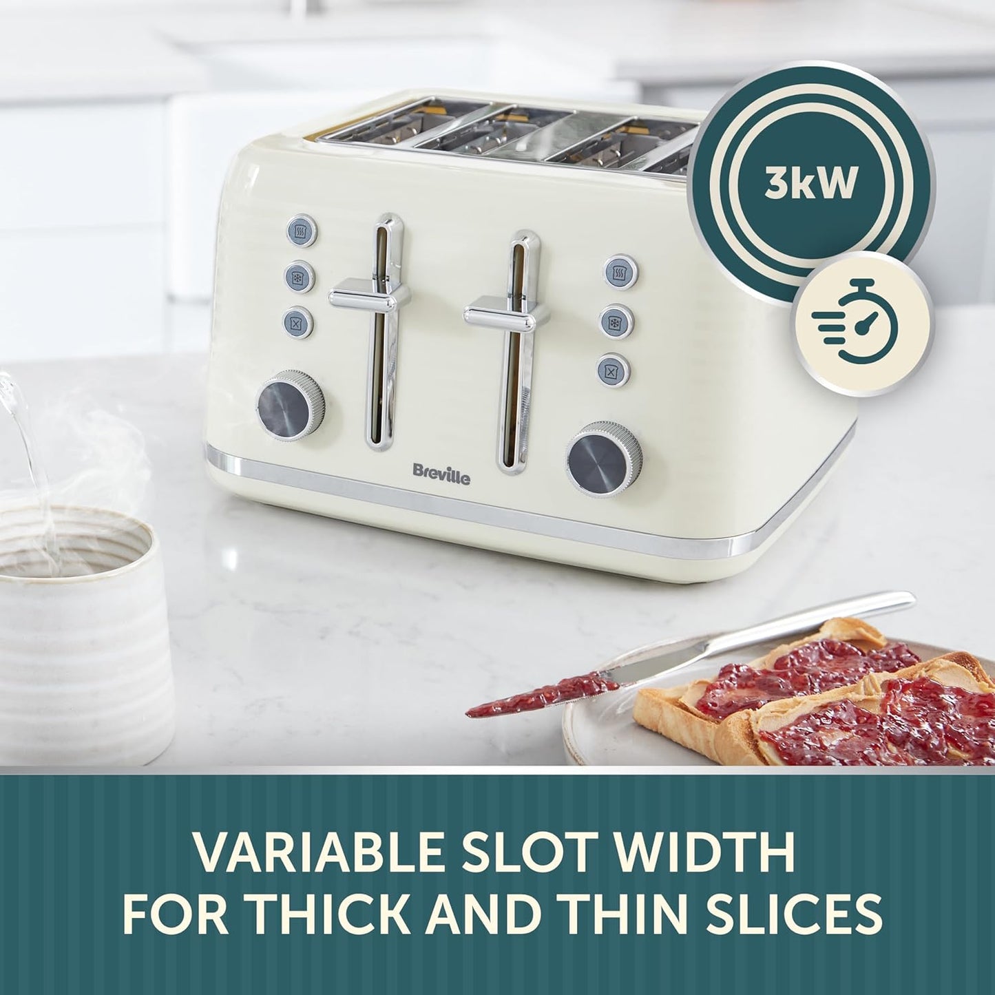 Breville Zen 4 Slice Toaster with High Lift & Wide Slots | Cream & Silver Chrome