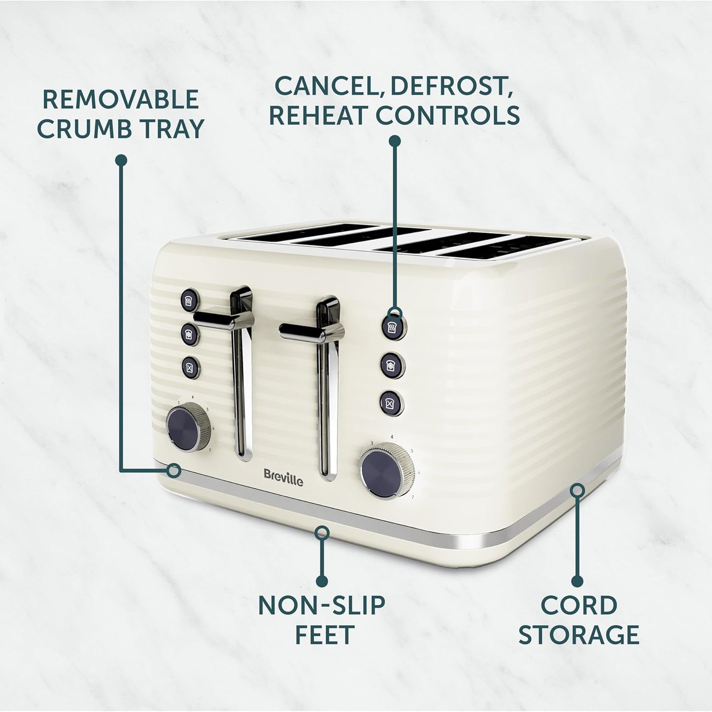 Breville Zen 4 Slice Toaster with High Lift & Wide Slots | Cream & Silver Chrome