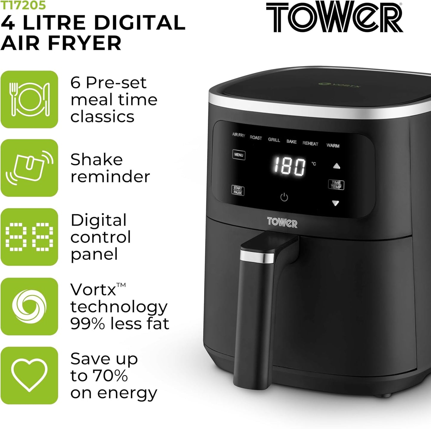 Tower Digital Single Basket Air Fryer, 4L Capacity, Overheat Protection, 1300W, Black, Medium, T17205AFR