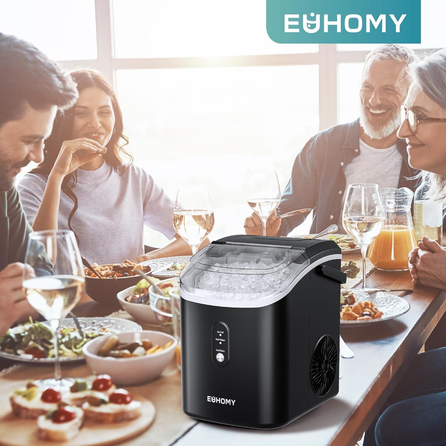EUHOMY Nugget Ice Maker, One Click Operation, Chewable Pellet Ice Machine with Self Cleaning and Handle, Ready in 6 Minutes, 15.5kg per 24H