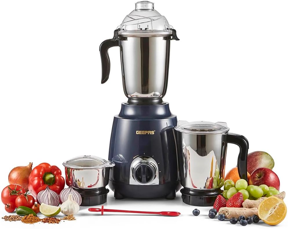 GEEPAS 600W 3 in 1 Mixer Grinder with Stainless Steel Jars and Blades, 3 Speed Control
