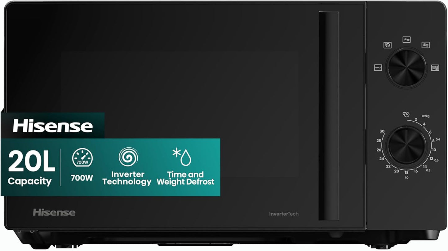 Hisense 700W 20 Litre Inverter Microwave Oven, Black, Automatic Defrost, 5 Power Levels, Easy Clean, Freestanding