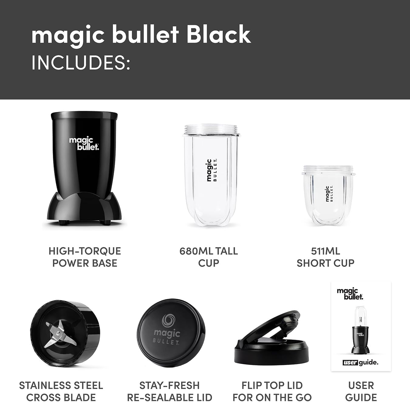 Magic Bullet Blender 7 Piece Set in Black, Powerful 10,000 RPM, Sleek, Compact and Portable