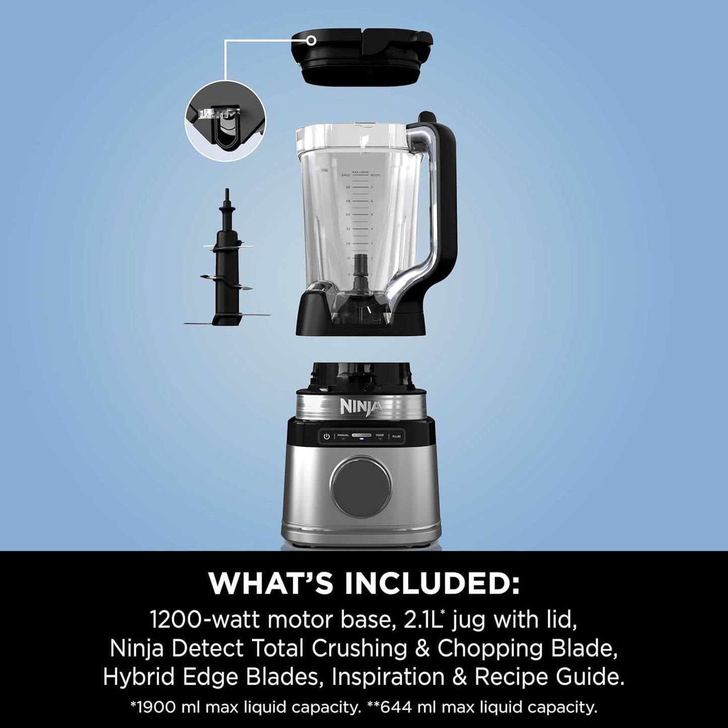 Ninja Detect Power Blender Pro, 1200W with 2L Jug and 1900ml Max Liquid Capacity, Powerful Blender for Smoothies, Chopping Vegetables and Mixing Frozen Drinks, Black