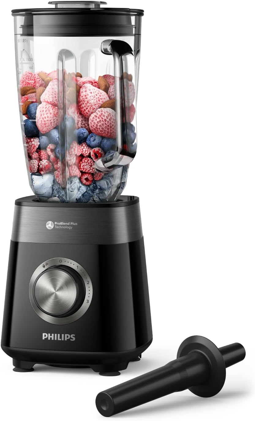 Philips 5000 Series Blender, 1200W ProBlend Plus Motor, Smooth Frozen Fruit Blending, 2L Ribbed Glass Jar, Tamper Tool, Easy Clean, Dishwasher Safe, Black