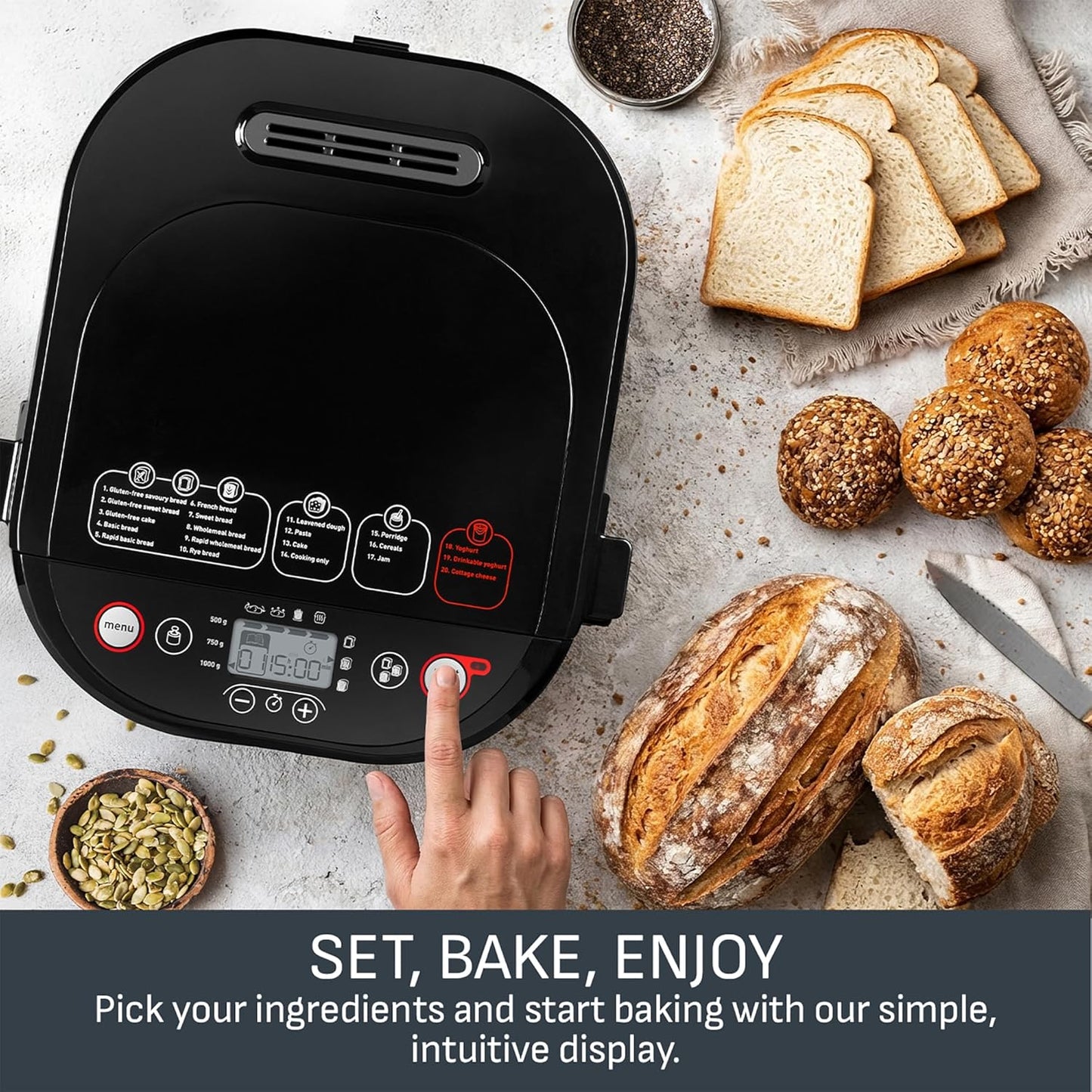 Tefal Breadmaker with Yoghurt Pot Accessory, 15 Hour Delay Start, 20 Auto Programs, Gluten Free, Sourdough, Pizza Dough, Porridge, Brioche, Crust Settings