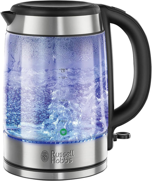 Russell Hobbs Illuminating 1.7L Electric Cordless Glass Kettle with black/brushed stainless steel accents (Fast Boil 3KW, Washable anti-scale filter, Button to open lid, Perfect pour spout)