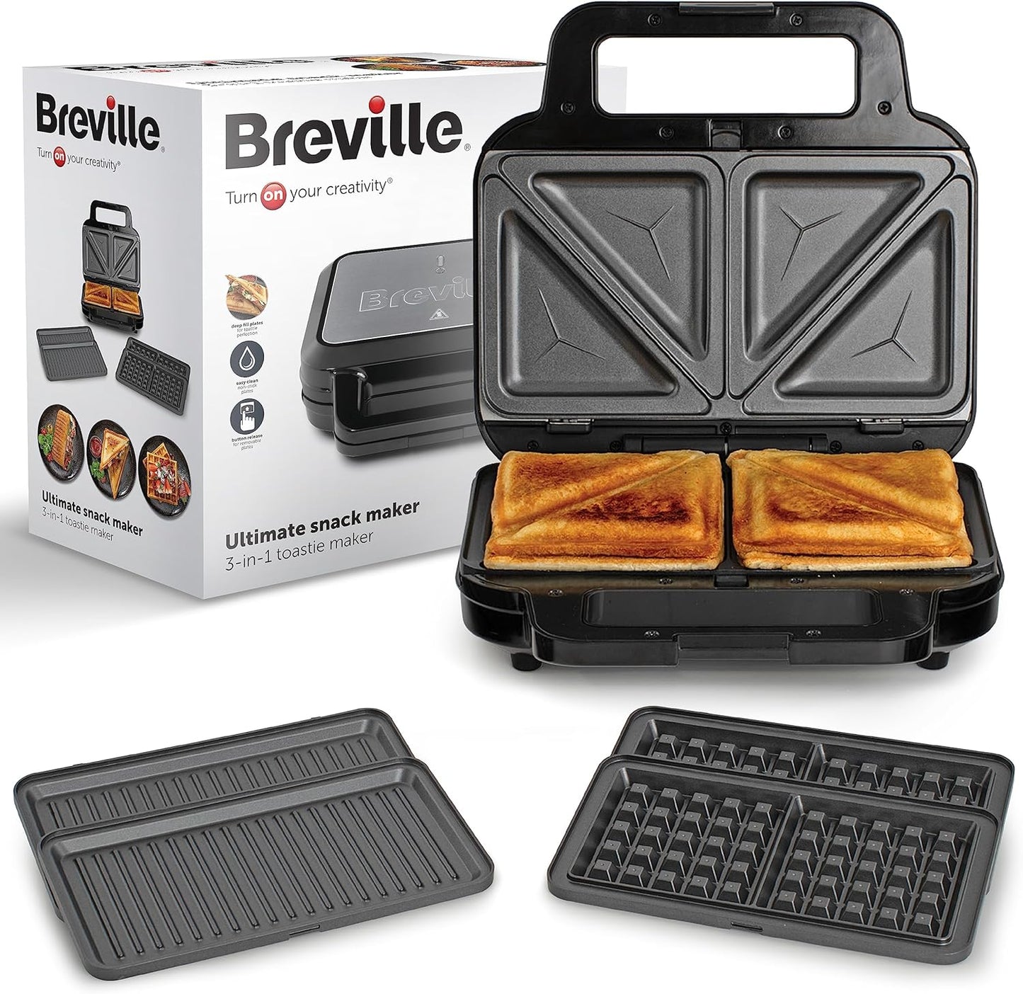 Breville 3-in-1 Ultimate Snack Maker | Deep Fill Toastie Maker, Waffle Maker & Panini Press | Removable Non-Stick Plates | Black & Stainless Steel
