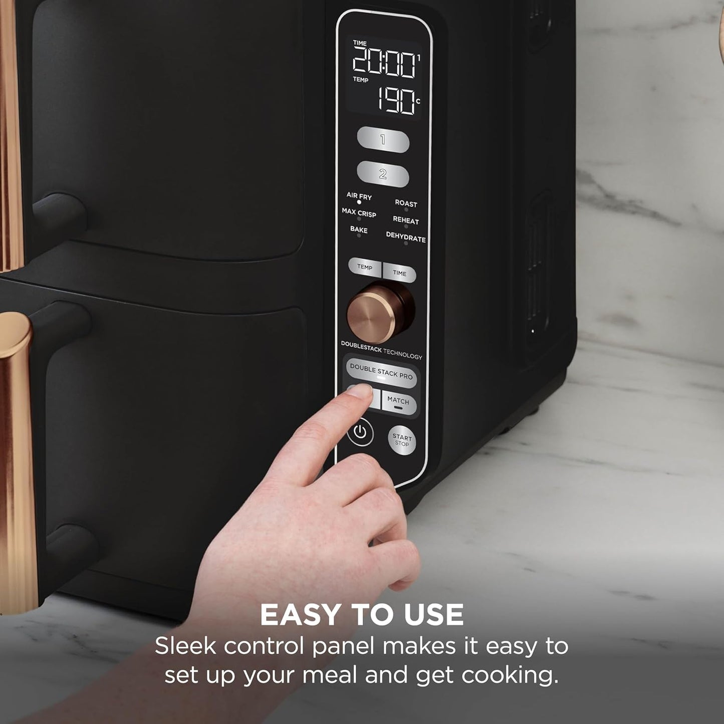 Ninja Double Stack XL Double Drawer Air Fryer with 4 Cooking Levels, 2 Drawers and 2 Stands, Space Saving Design, 9.5L Capacity, 6 Functions, 8 Servings, Tweezers, Black and Copper