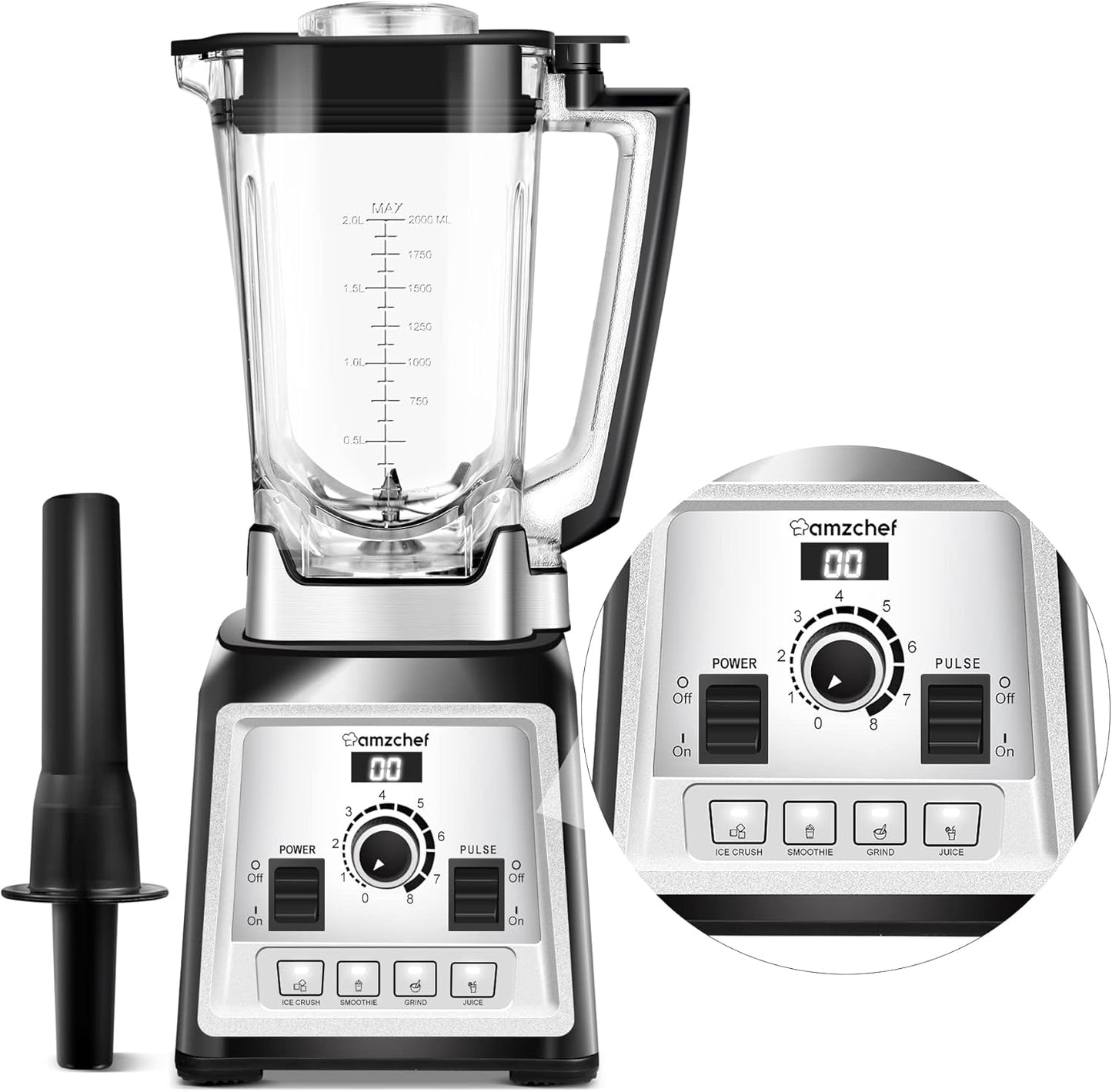 AMZCHEF Blender Smoothie Maker, 2000W Commercial Blender with 2L BPA Free Container, 25000RPM High Speed Blender with 8 Speed Control