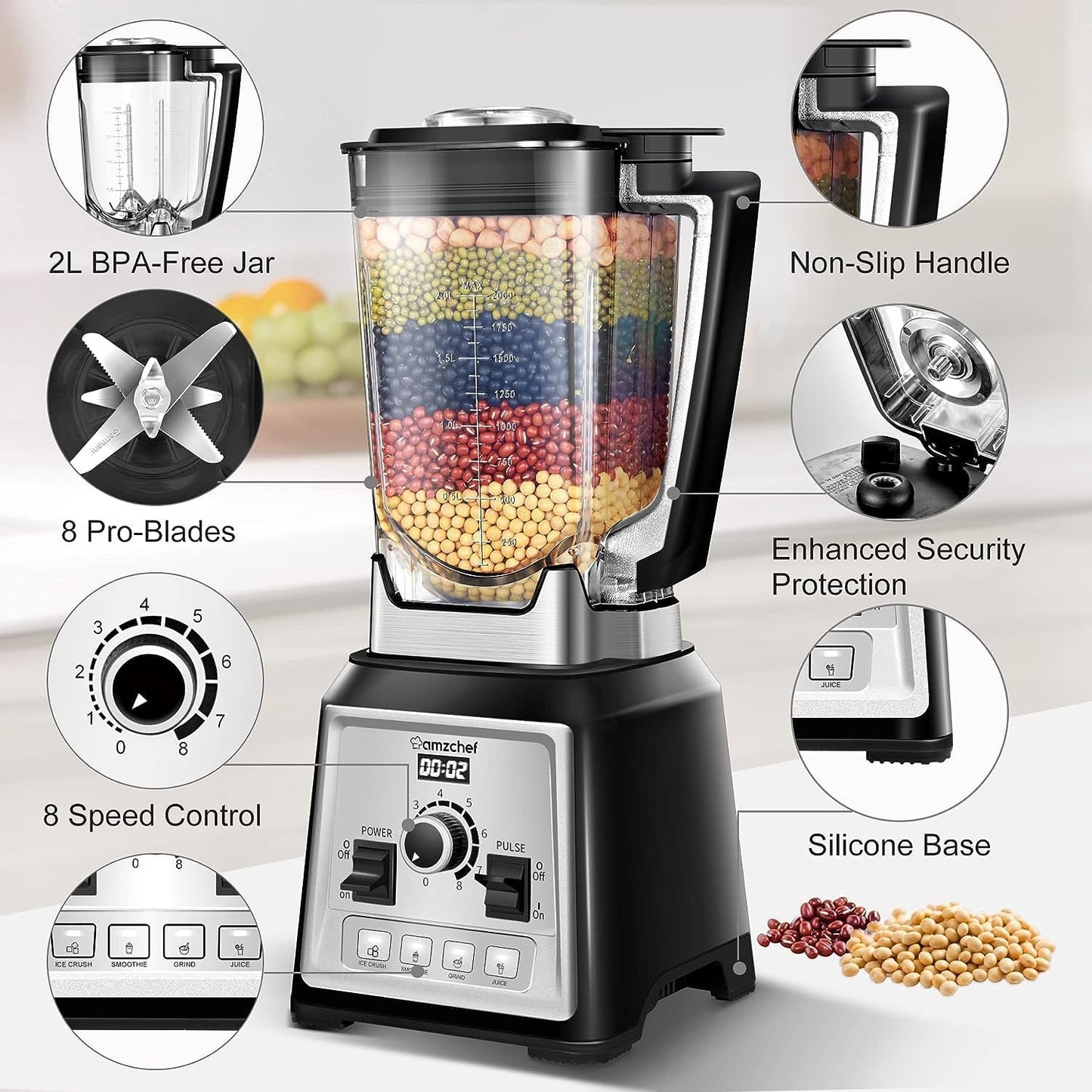 AMZCHEF Blender Smoothie Maker, 2000W Commercial Blender with 2L BPA Free Container, 25000RPM High Speed Blender with 8 Speed Control