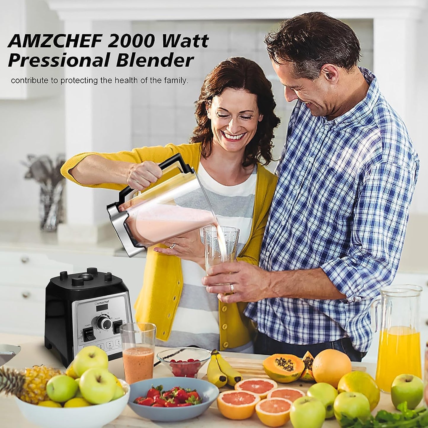 AMZCHEF Blender Smoothie Maker, 2000W Commercial Blender with 2L BPA Free Container, 25000RPM High Speed Blender with 8 Speed Control