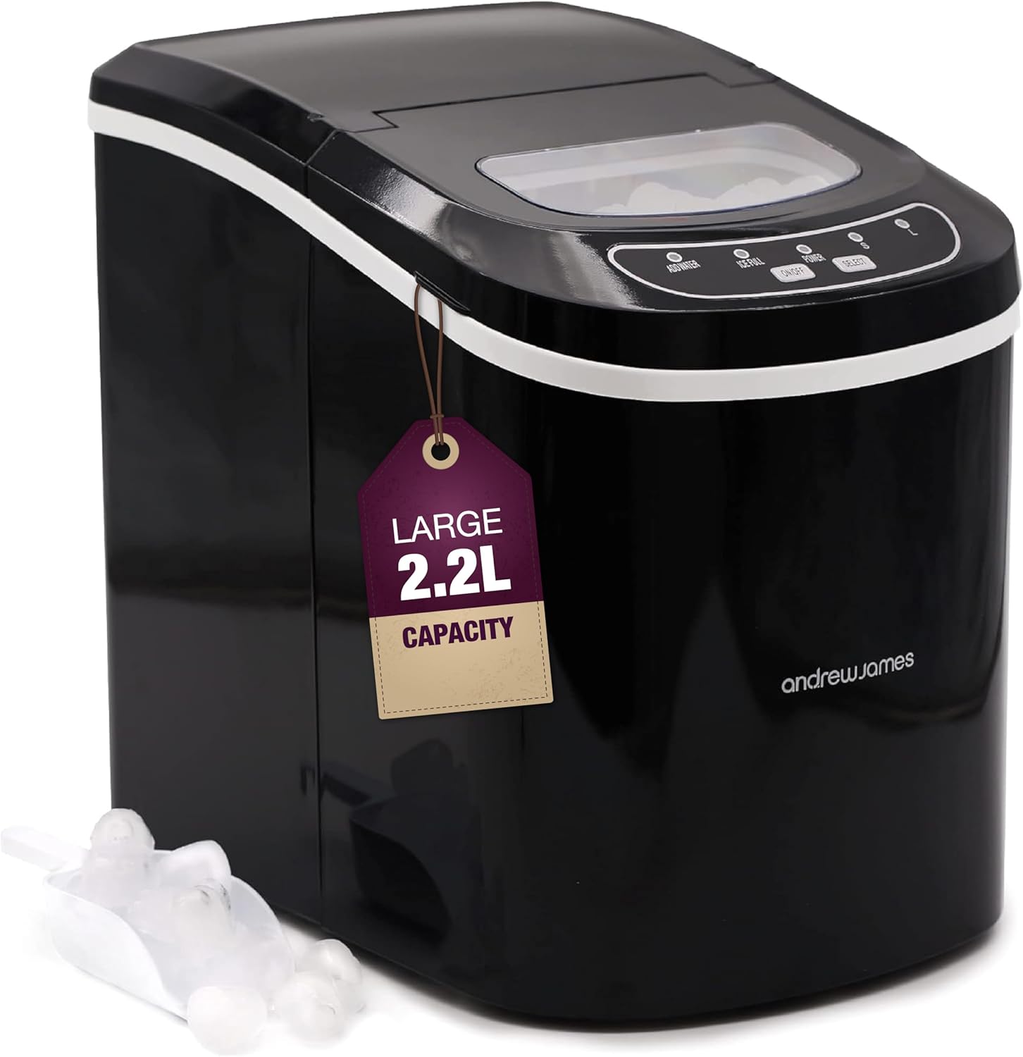 Andrew James Ice Maker Machine, 2.2L, Portable Countertop Ice Machine for Home, Electric Ice Dispenser with Scoop and Basket, Self Cleaning, Small or Large Ice Cubes