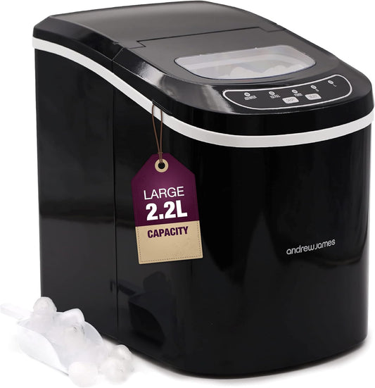 Andrew James Ice Maker Machine, 2.2L, Portable Countertop Ice Machine for Home, Electric Ice Dispenser with Scoop and Basket, Self Cleaning, Small or Large Ice Cubes