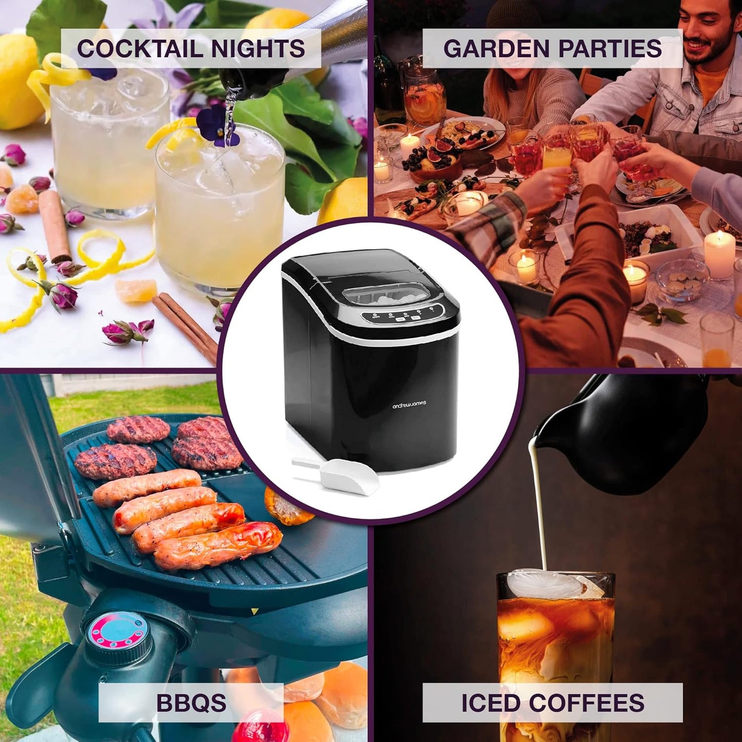Andrew James Ice Maker Machine, 2.2L, Portable Countertop Ice Machine for Home, Electric Ice Dispenser with Scoop and Basket, Self Cleaning, Small or Large Ice Cubes