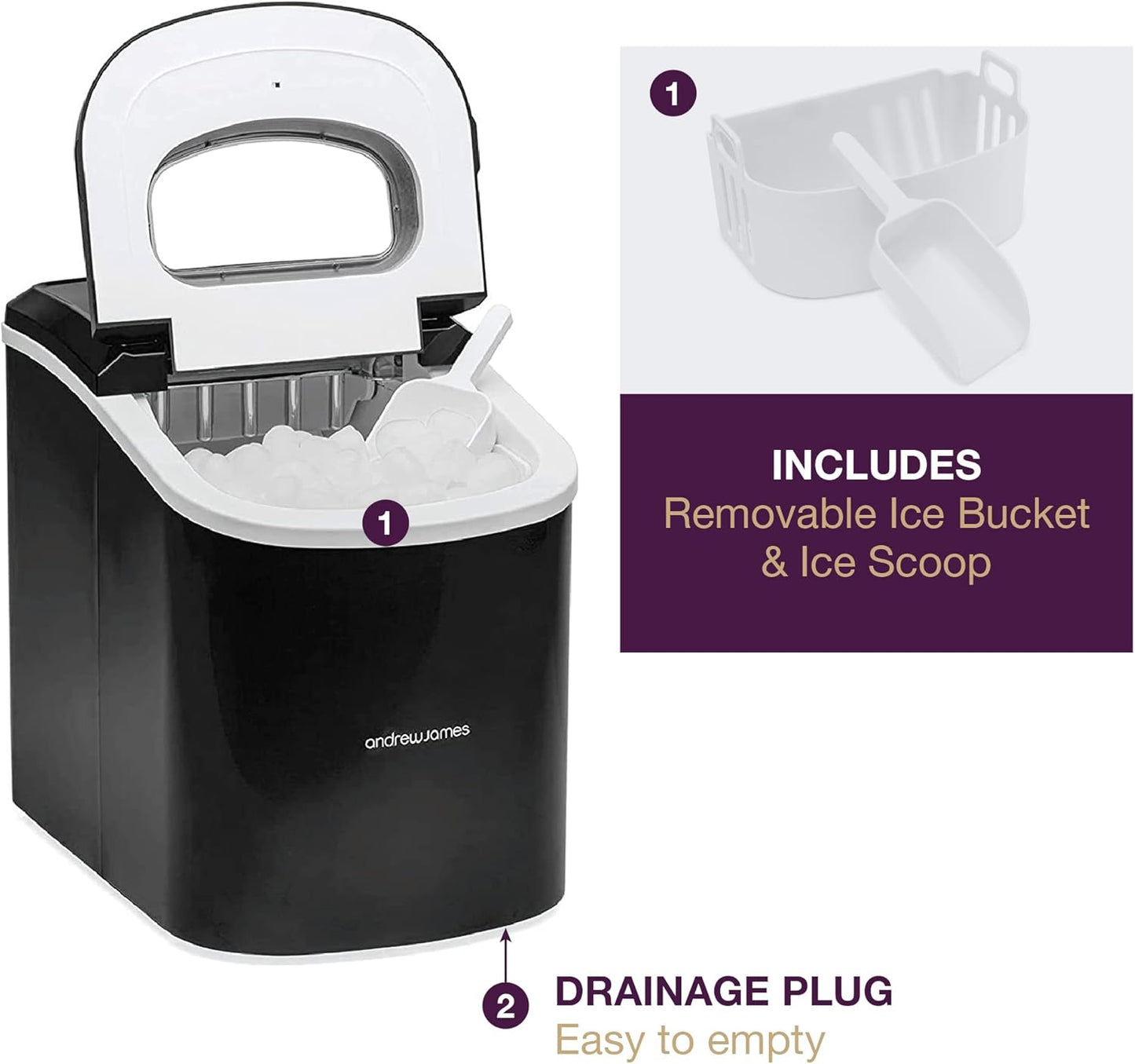 Andrew James Ice Maker Machine, 2.2L, Portable Countertop Ice Machine for Home, Electric Ice Dispenser with Scoop and Basket, Self Cleaning, Small or Large Ice Cubes