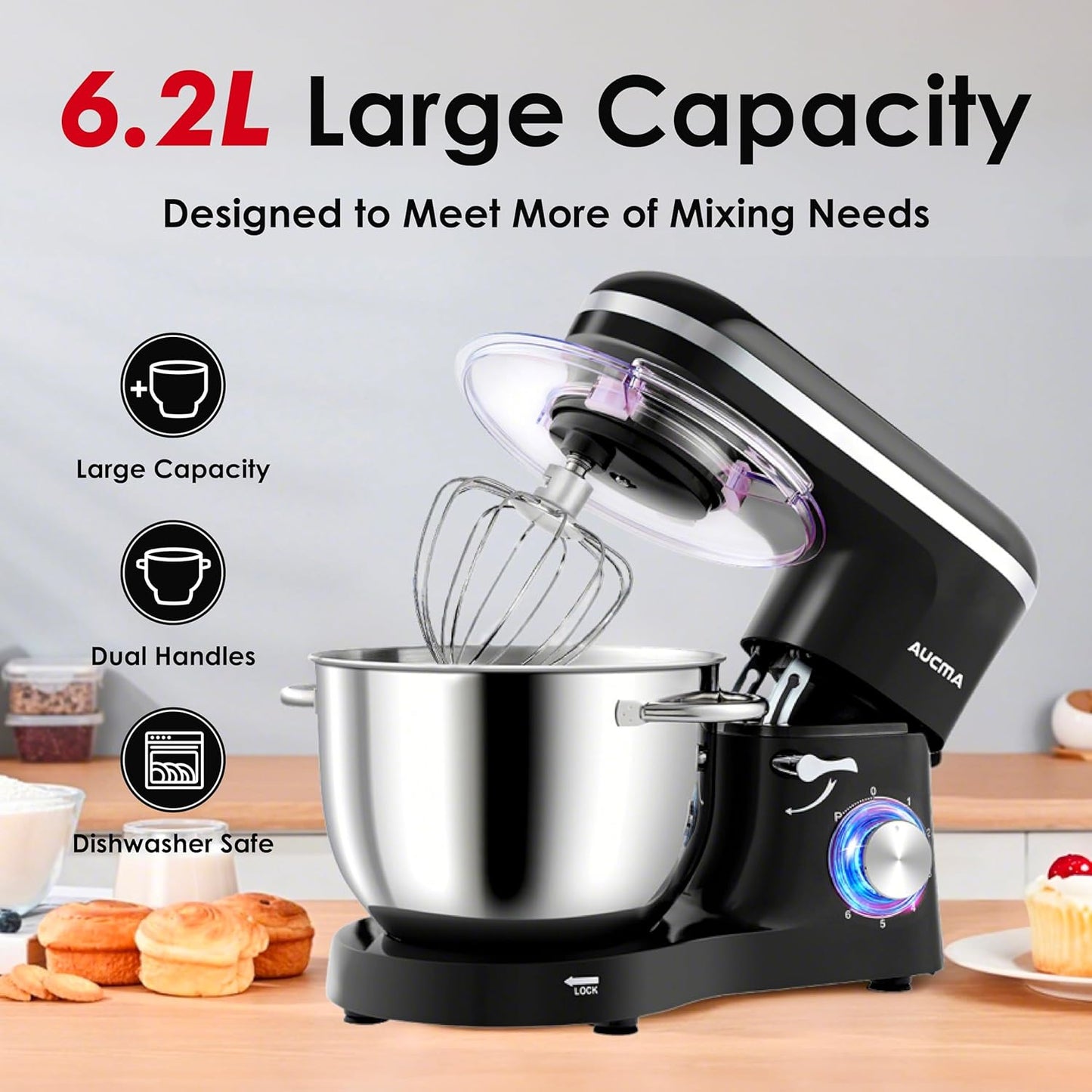 Aucma Stand Mixer, 6.2L Food Mixer for Baking, Electric Kitchen Mixer with Bowl