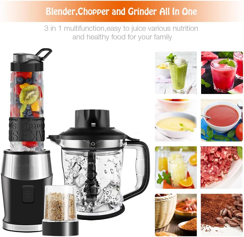 Blender Smoothie Maker, 700W Blender, Portable Food Chopper and Grinder, 570ml BPA Free Bottle, 300ml Grinder Cup, 1200ml Jug