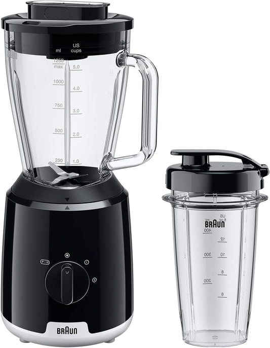 Braun PowerBlend 1 Jug Blender with Unique Triangular Glass Jug, 2 Speed, Ice Crush Function, Smoothie2Go Bottle Included, 600W, Black (JB1051BK)