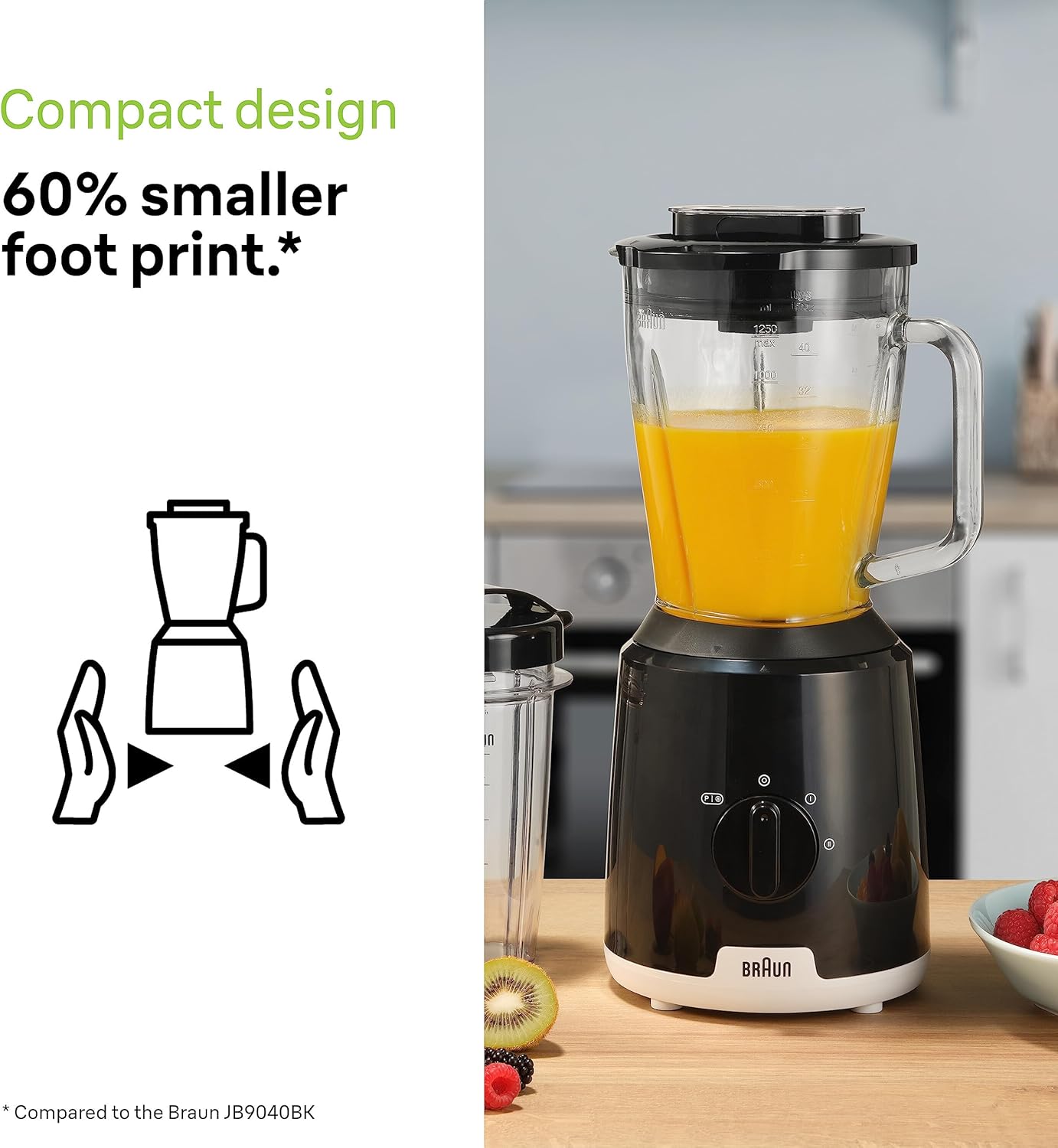 Braun PowerBlend 1 Jug Blender with Unique Triangular Glass Jug, 2 Speed, Ice Crush Function, Smoothie2Go Bottle Included, 600W, Black (JB1051BK)