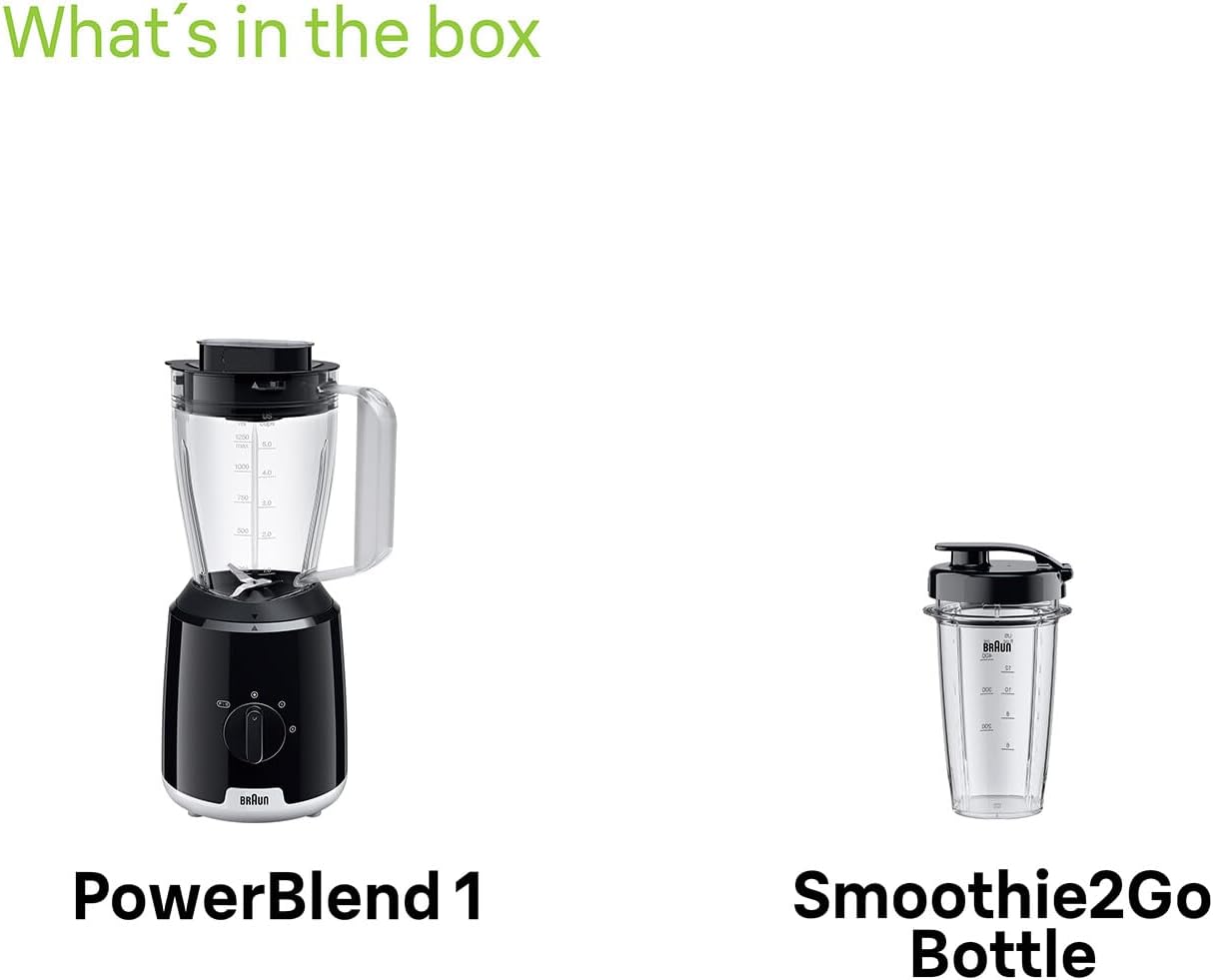 Braun PowerBlend 1 Jug Blender with Unique Triangular Glass Jug, 2 Speed, Ice Crush Function, Smoothie2Go Bottle Included, 600W, Black (JB1051BK)