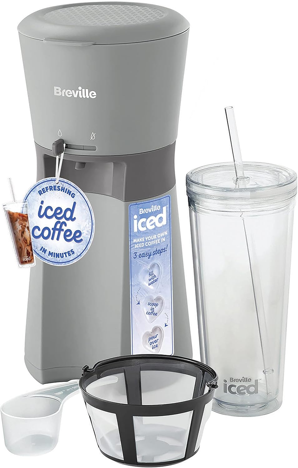 Breville Iced Coffee Maker | Single Serve Iced Coffee Machine Plus Coffee Cup with Straw | Ready in Under 4 Minutes | Grey