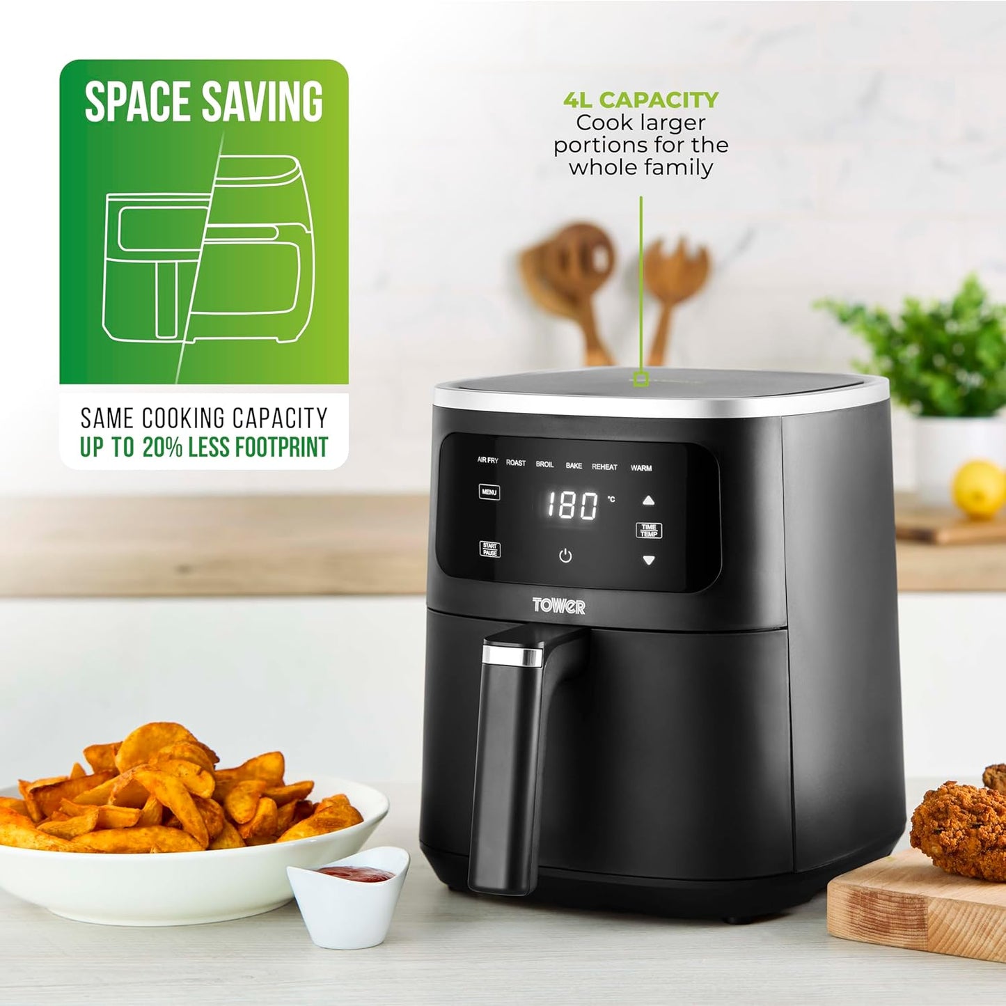 Tower Digital Single Basket Air Fryer, 4L Capacity, Overheat Protection, 1300W, Black, Medium, T17205AFR