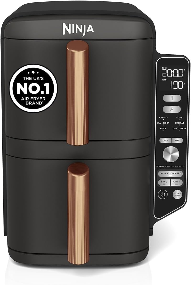 Ninja Double Stack XL Double Drawer Air Fryer with 4 Cooking Levels, 2 Drawers and 2 Stands, Space Saving Design, 9.5L Capacity, 6 Functions, 8 Servings, Tweezers, Black and Copper