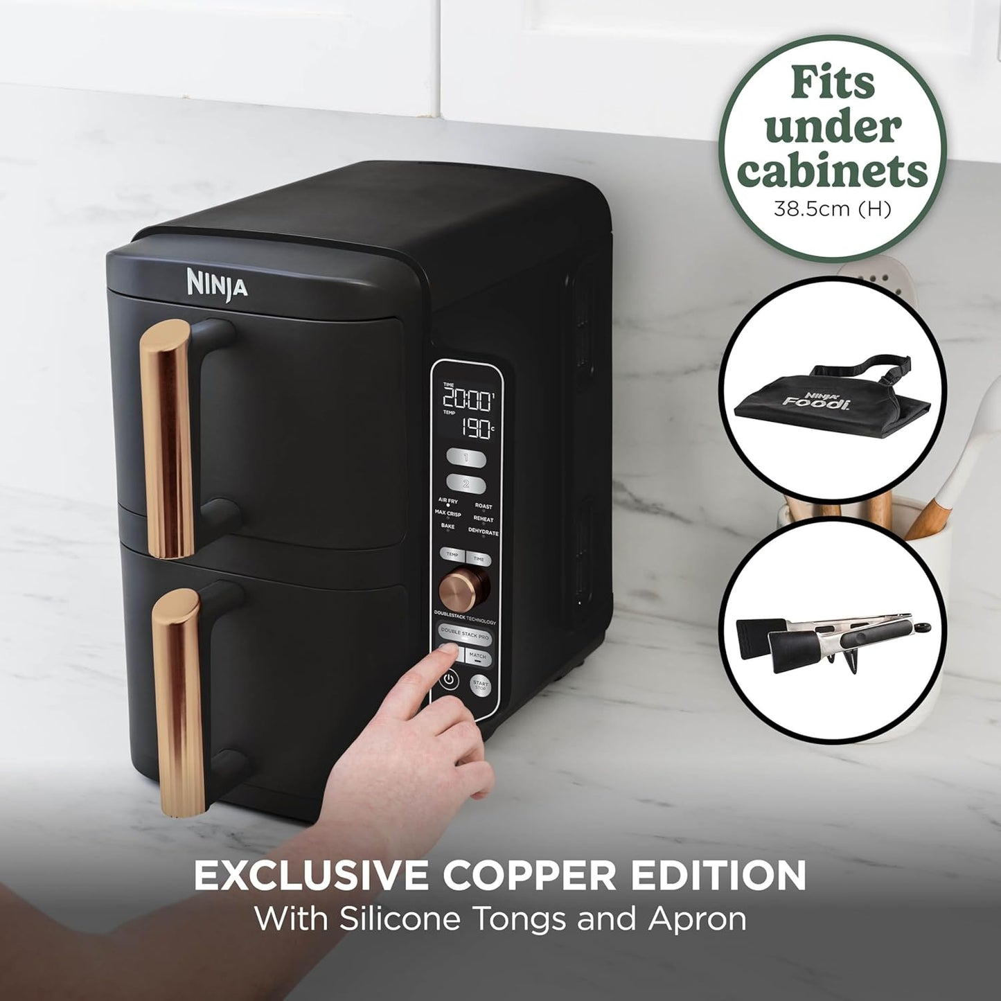 Ninja Double Stack XL Double Drawer Air Fryer with 4 Cooking Levels, 2 Drawers and 2 Stands, Space Saving Design, 9.5L Capacity, 6 Functions, 8 Servings, Tweezers, Black and Copper