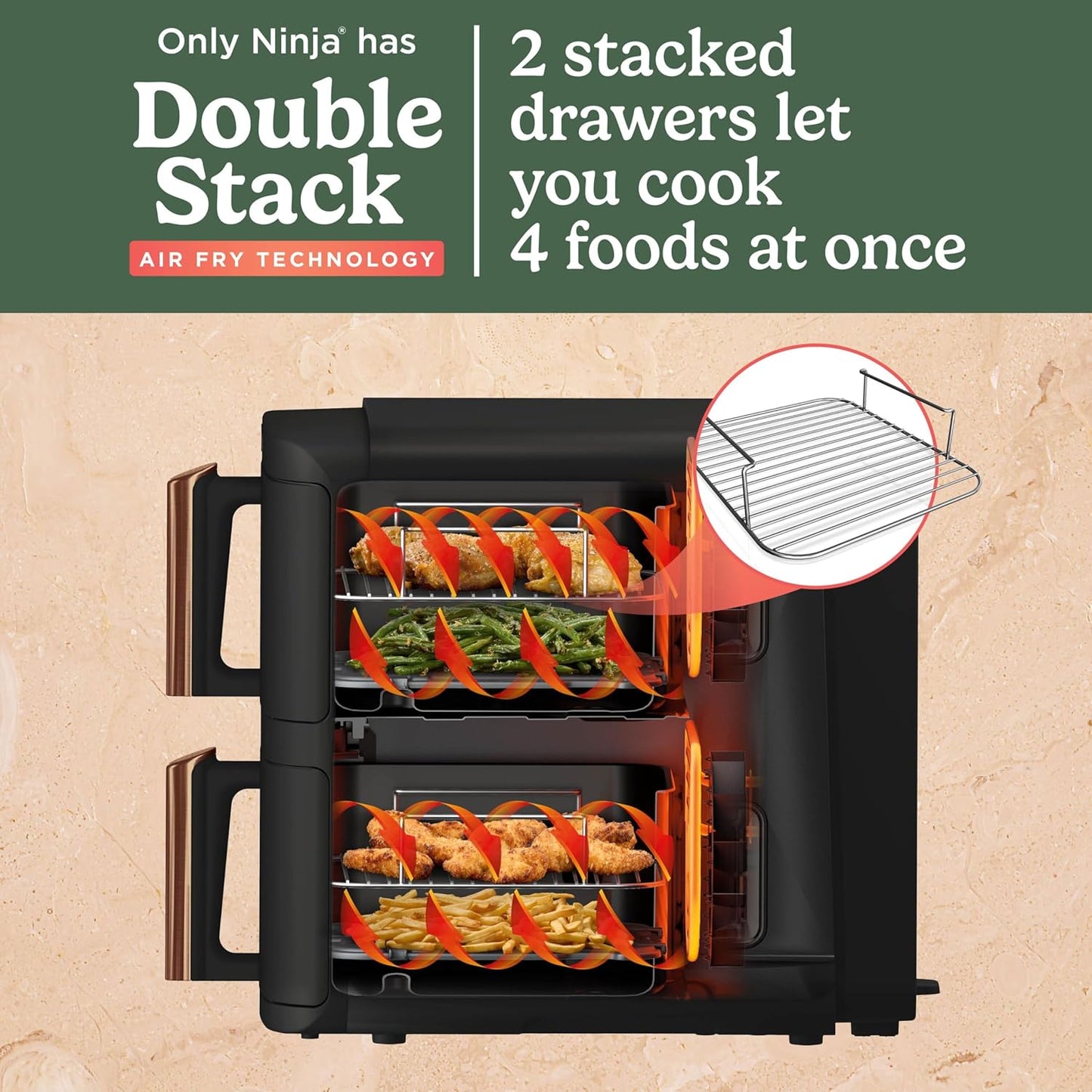 Ninja Double Stack XL Double Drawer Air Fryer with 4 Cooking Levels, 2 Drawers and 2 Stands, Space Saving Design, 9.5L Capacity, 6 Functions, 8 Servings, Tweezers, Black and Copper