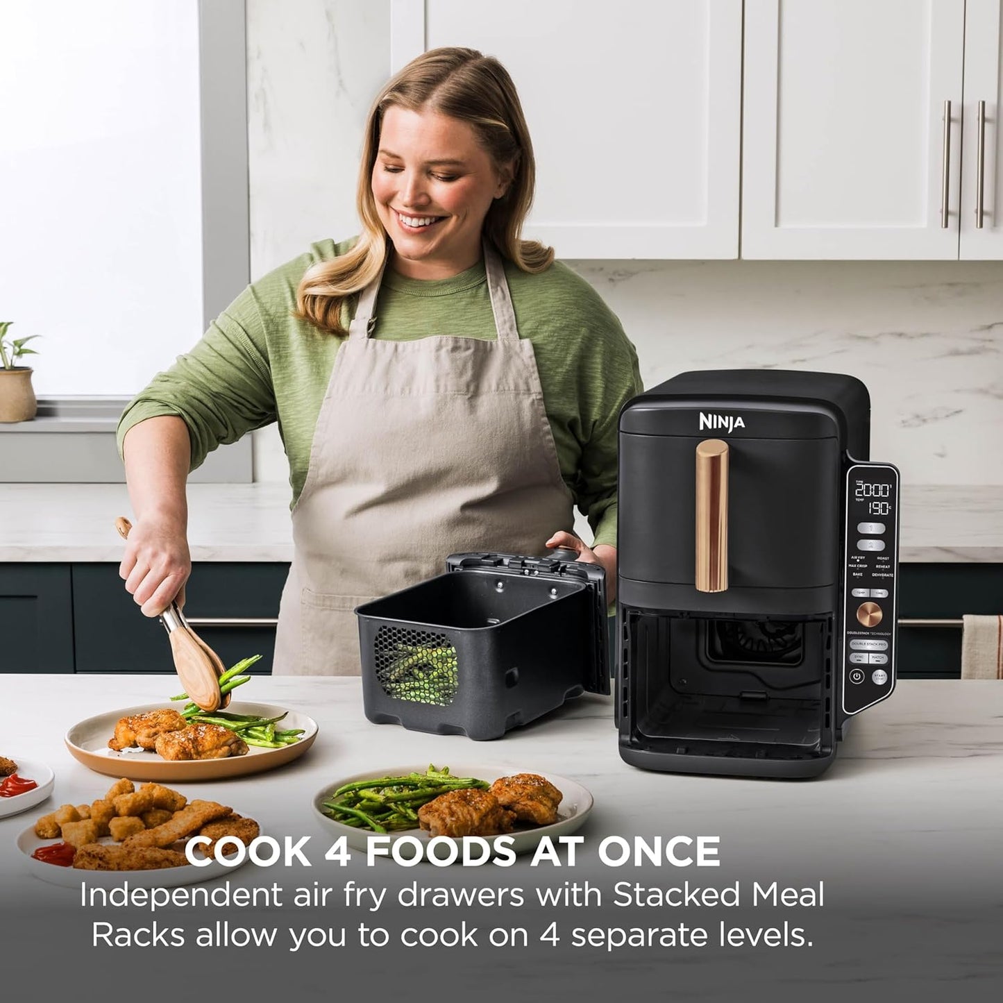 Ninja Double Stack XL Double Drawer Air Fryer with 4 Cooking Levels, 2 Drawers and 2 Stands, Space Saving Design, 9.5L Capacity, 6 Functions, 8 Servings, Tweezers, Black and Copper