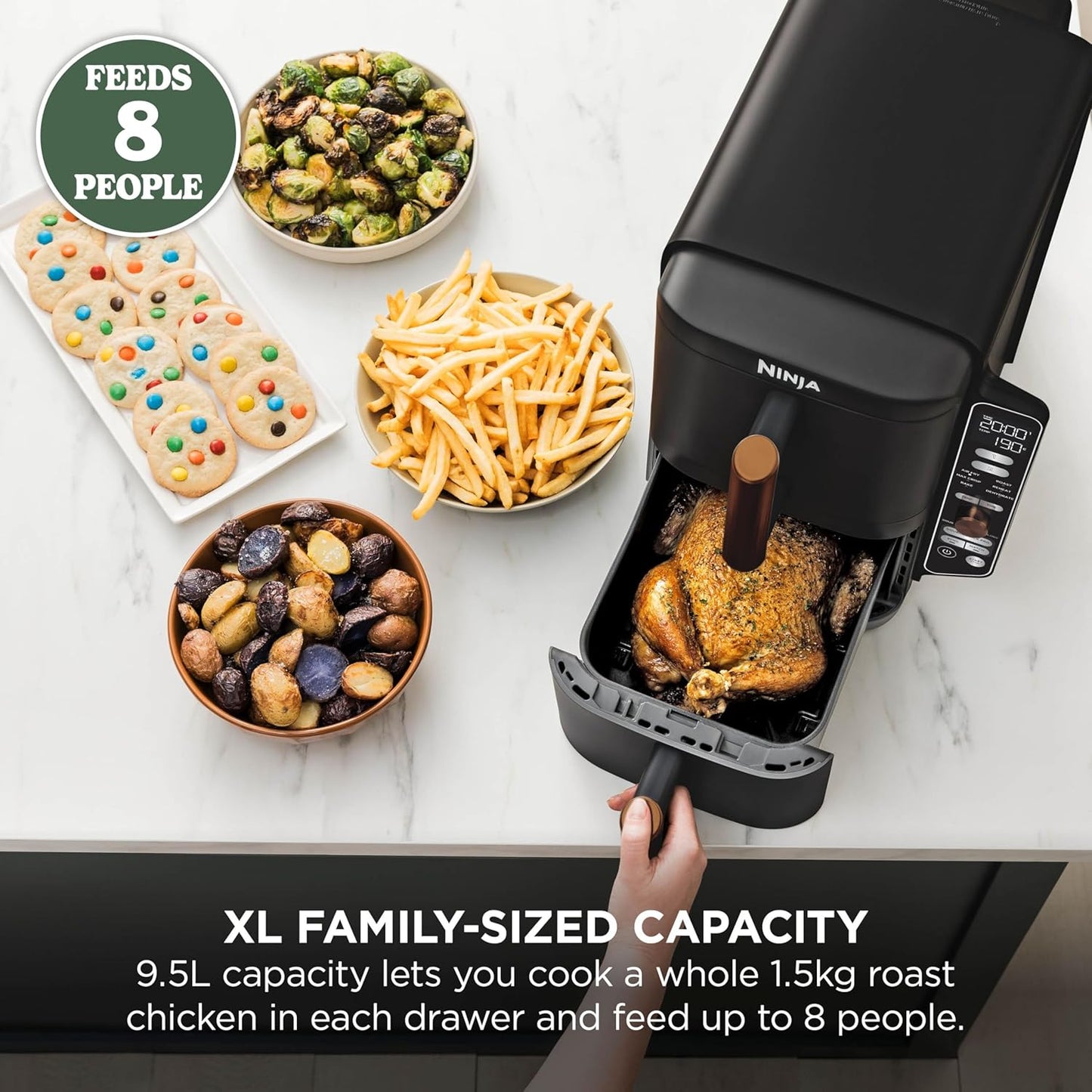 Ninja Double Stack XL Double Drawer Air Fryer with 4 Cooking Levels, 2 Drawers and 2 Stands, Space Saving Design, 9.5L Capacity, 6 Functions, 8 Servings, Tweezers, Black and Copper