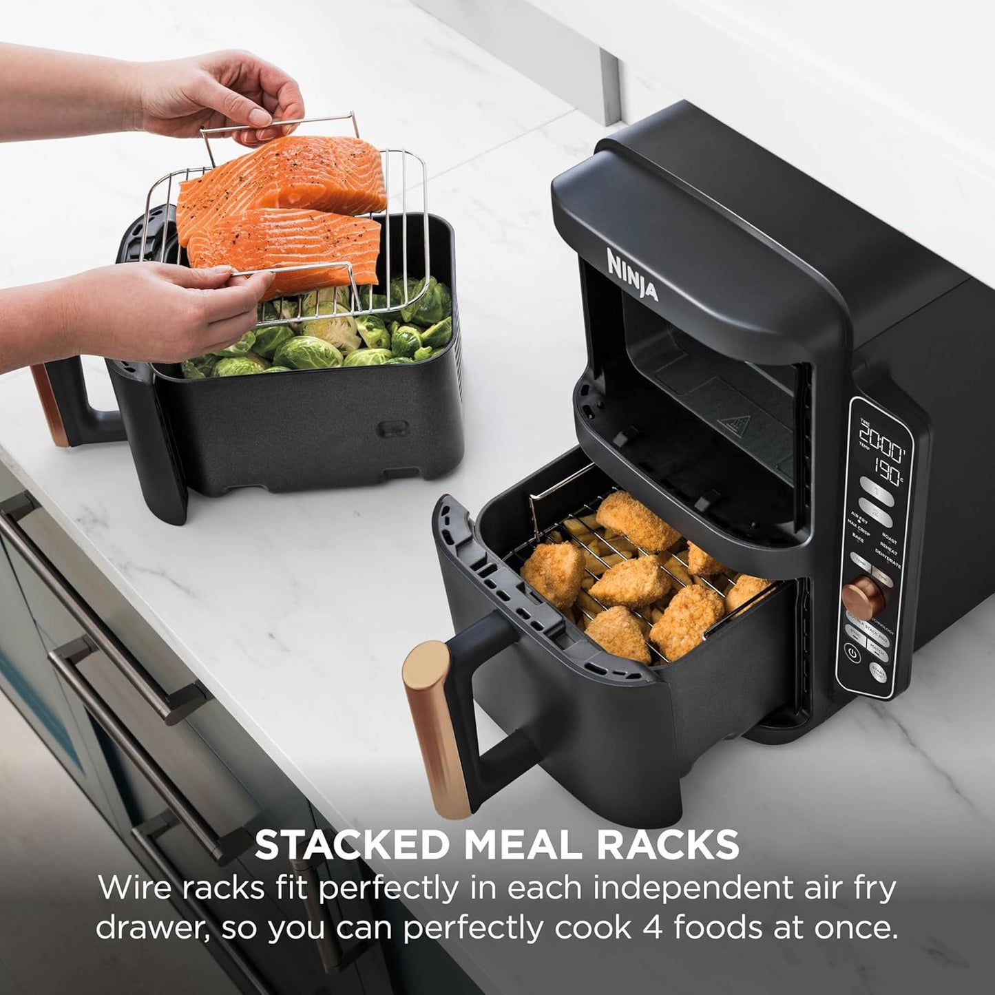 Ninja Double Stack XL Double Drawer Air Fryer with 4 Cooking Levels, 2 Drawers and 2 Stands, Space Saving Design, 9.5L Capacity, 6 Functions, 8 Servings, Tweezers, Black and Copper