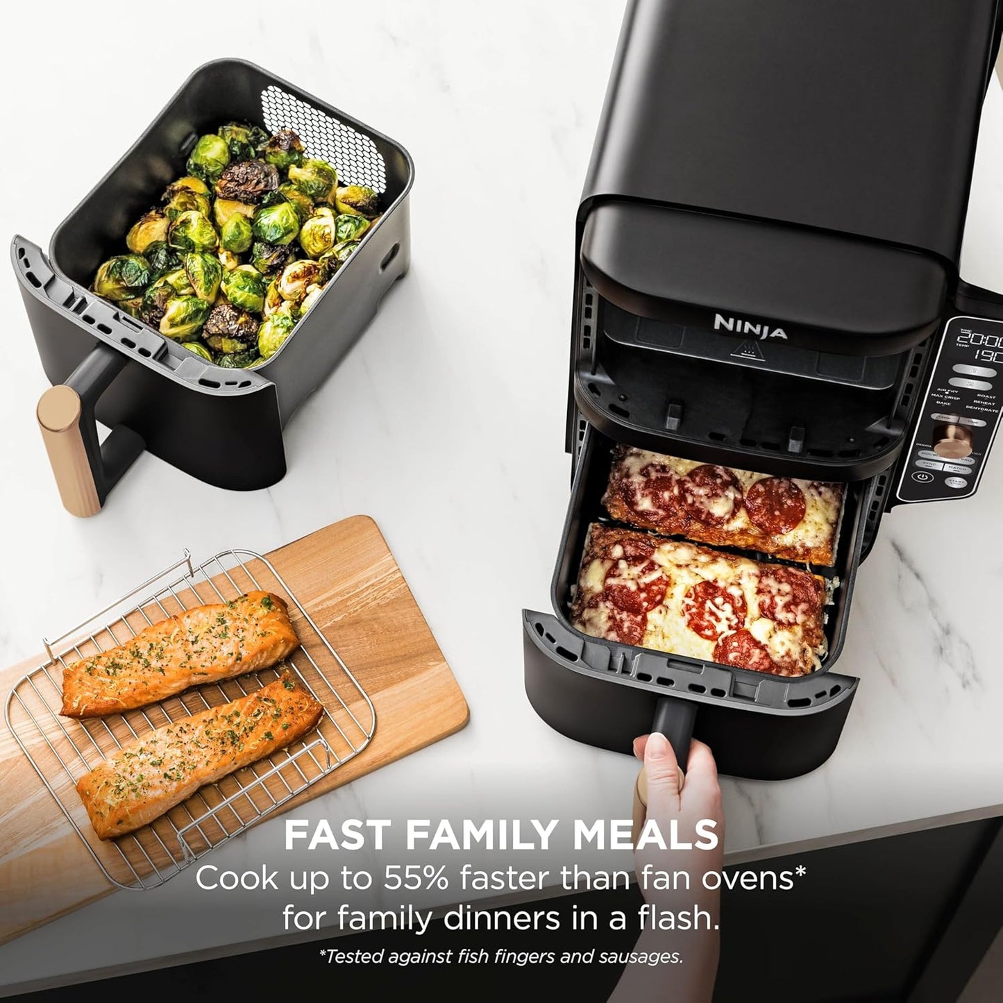 Ninja Double Stack XL Double Drawer Air Fryer with 4 Cooking Levels, 2 Drawers and 2 Stands, Space Saving Design, 9.5L Capacity, 6 Functions, 8 Servings, Tweezers, Black and Copper