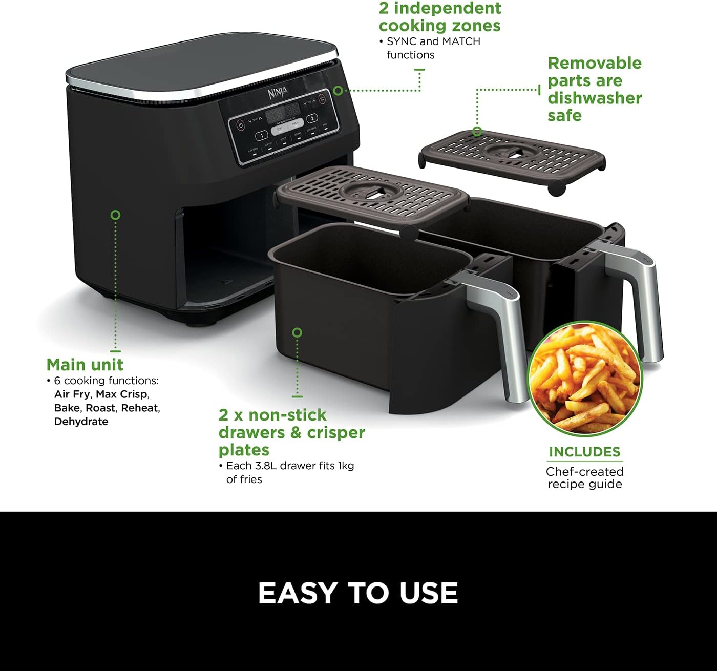 Ninja Foodi Dual Zone Digital Air Fryer with 2 Drawers, 7.6L, 6 in 1, Uses No Oil, Air Fry