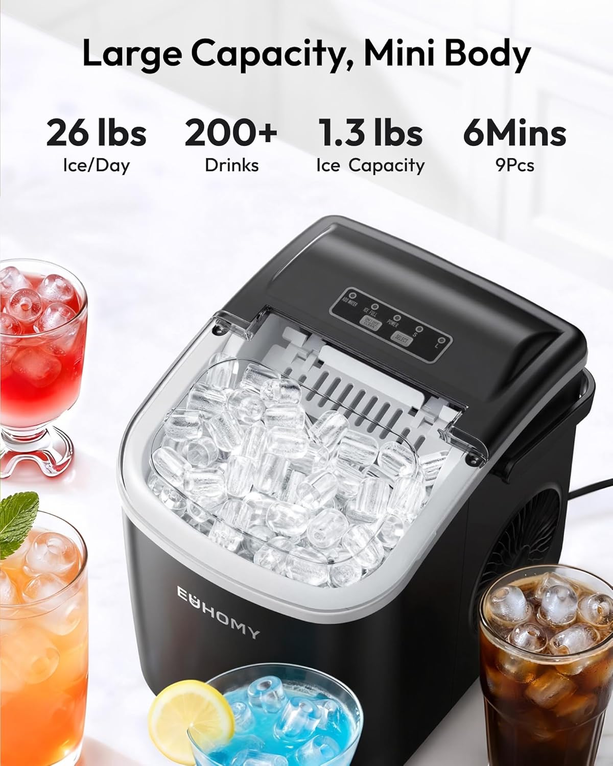 EUHOMY Ice Maker Machine, Countertop Ice Cube Maker with Self Cleaning Function, 9 Cubes in 6 Minutes, Portable Ice Cube Maker with Ice Scoop and Basket for Home,