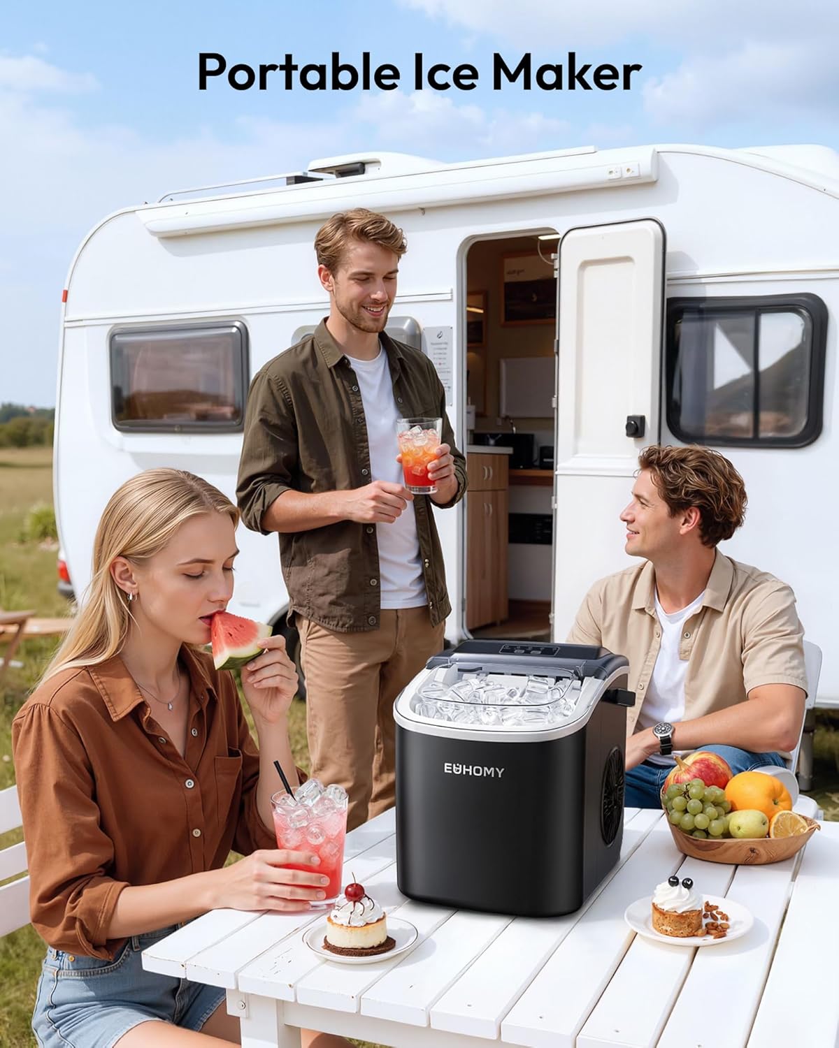 EUHOMY Ice Maker Machine, Countertop Ice Cube Maker with Self Cleaning Function, 9 Cubes in 6 Minutes, Portable Ice Cube Maker with Ice Scoop and Basket for Home,