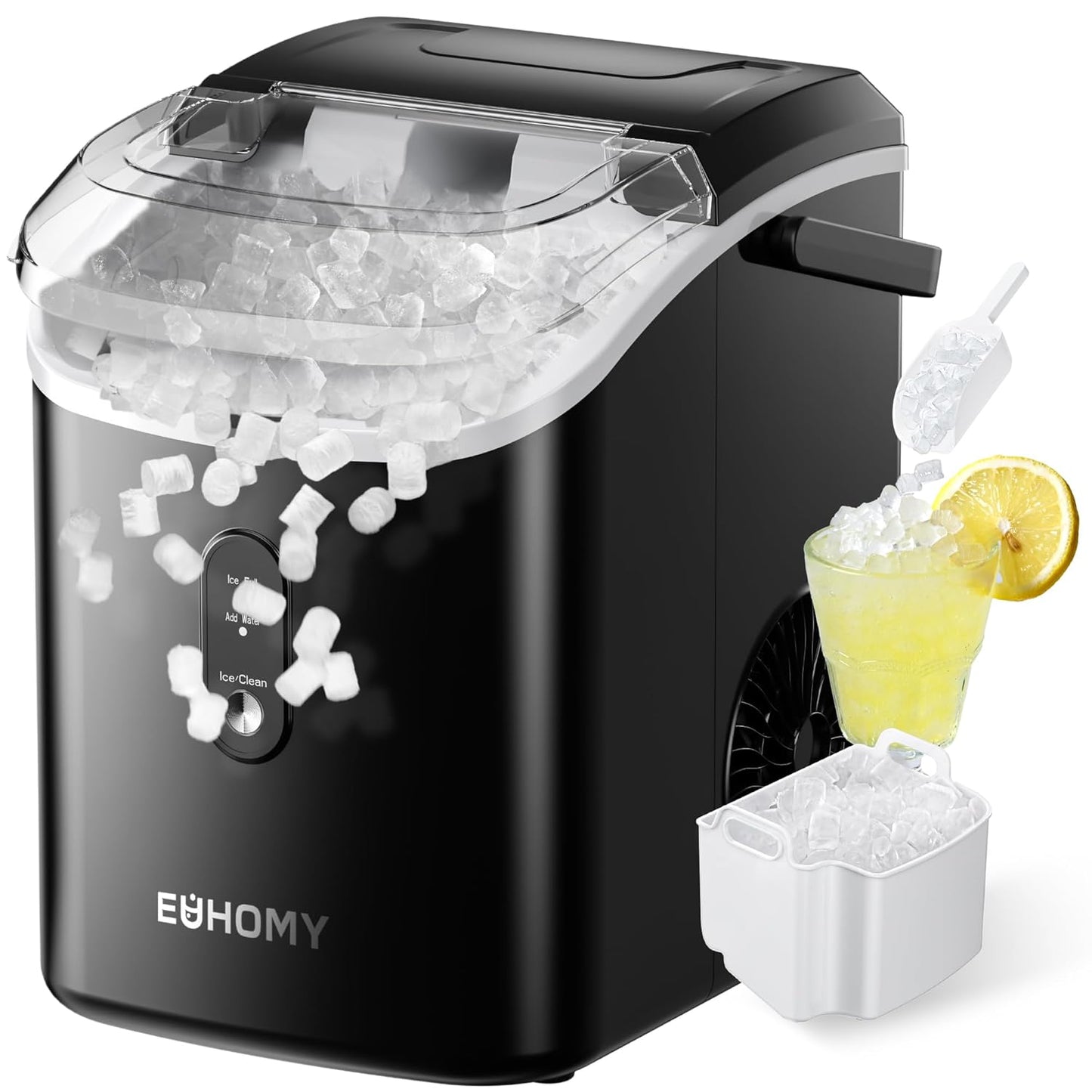 EUHOMY Nugget Ice Maker, One Click Operation, Chewable Pellet Ice Machine with Self Cleaning and Handle, Ready in 6 Minutes, 15.5kg per 24H