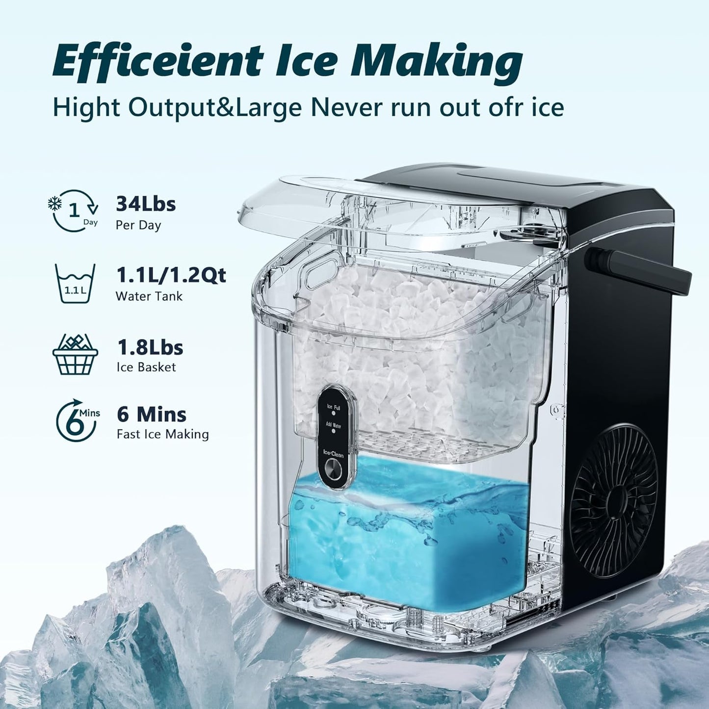 EUHOMY Nugget Ice Maker, One Click Operation, Chewable Pellet Ice Machine with Self Cleaning and Handle, Ready in 6 Minutes, 15.5kg per 24H